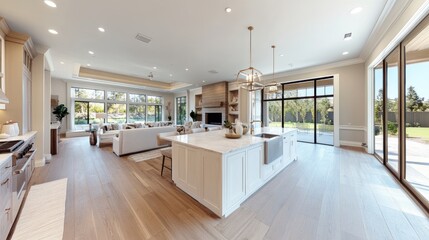 Fototapeta premium Open-concept kitchen/living area with outdoor view, spacious modern home interior