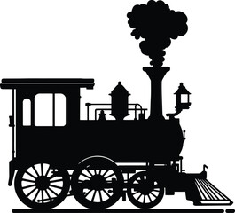 Fototapeta premium A Detailed Silhouette Vector Illustration of a Vintage Steam Locomotive with Smoke, Depicted in Solid Black.