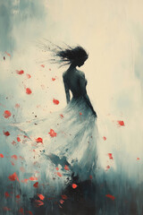 Elegant silhouette of a woman in motion surrounded by vibrant petals in an expressive oil painting