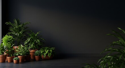 Obraz premium Lush Greenery in a Dark Room: A 3D Rendered Interior Scene AI Generated