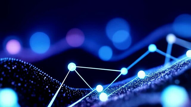Bright blue and purple abstract background with glowing lines and glowing particles at night