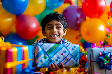 An Indian boy eagerly unwrapping birthday presents with excitement and glee, surrounded by balloons and colorful decorations.