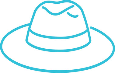 A Stylized, Single-Color Vector Graphic Depicting a Classic Fedora Hat with a Distinctive Wide Brim and Crown, Rendered in a Clean, Curvy Cyan Outline Against a Plain White Backdrop.
