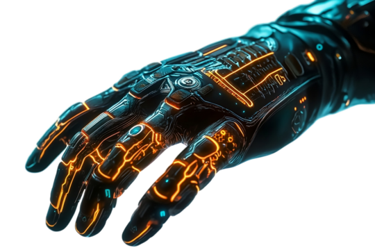 Glowing cyberpunk glove with neon circuits and advanced futuristic touch interface design On PNG Background