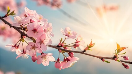 horizontal banner with sakura flowers of pink color