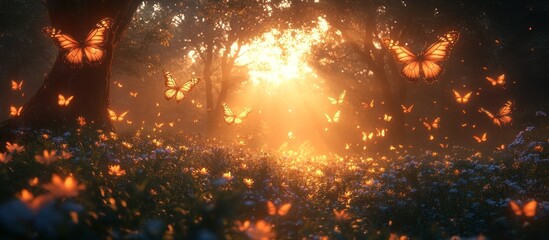 Golden butterflies in sunlit forest glade