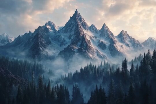 Majestic snow-capped mountain peaks rise above a misty forest valley