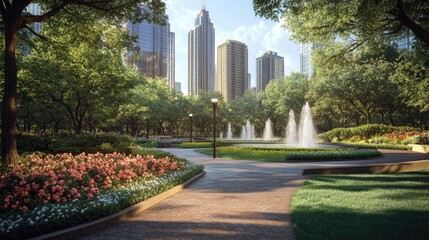 Urban oasis park with fountains and lush greenery.  Well-maintained landscaping, walkways, and modern city backdrop