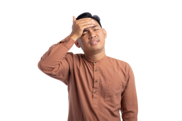 Unhealthy Asian Muslim man suffering from headache or migraine isolated on transparent background