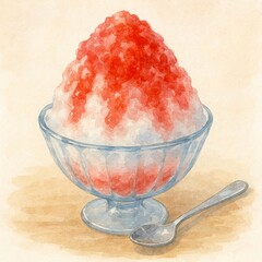 水彩風のいちごシロップかき氷イラストとガラスの器 Generative AI	
