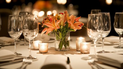 A simple, elegant dinner table setting with candles and flowers pic
