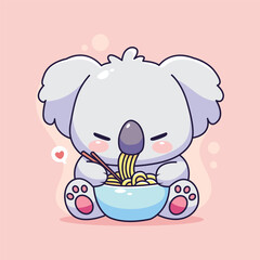 Cute koala eating noodle. Vector illustration in cartoon style.