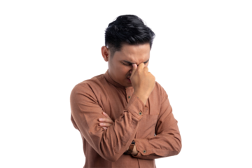 Unhealthy Asian Muslim man suffering from headache or migraine isolated on transparent background