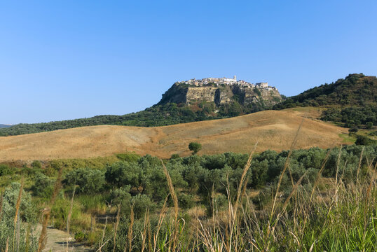 view of the village on the rocky spur of santa severina in calabria