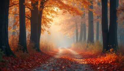 Fototapeta premium A serene forest path, lined with majestic trees adorned in vibrant autumn foliage, invites you into a tranquil world. The soft glow of sunlight filtering through the leaves creates a magical