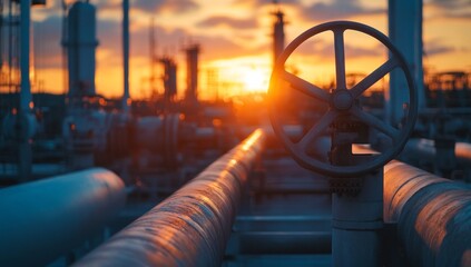 Industrial pipeline network at sunset.  Large pipes, valves, and machinery at a gas processing facility.  Golden light highlights the intricate network