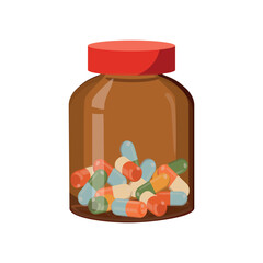 brown glass jar with colorful pills. Vector illustration