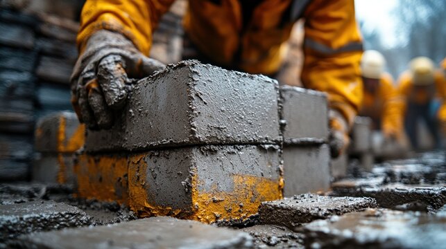 Construction workers building a wall with mud bricks outdoors