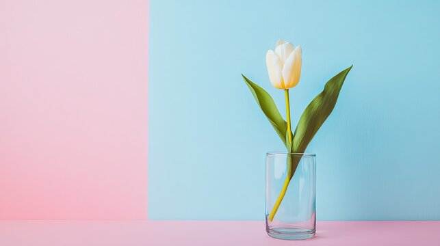 A single white tulip in a glass vase, positioned on a pastel background with text space pic