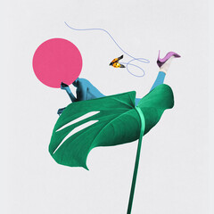 Poster. Contemporary art collage. Female body flying on tropical leaf chasing ladybug under pink...