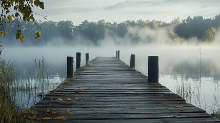 An old wooden pier extending into a foggy lake, surrounded by serene stillness pic