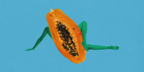 Poster. Contemporary art collage. Green human limbs extending from juicy papaya center. Concept of...