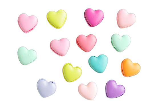 a colorful assortment of heart-shaped macarons arranged in a playful pattern showcasing a variety of pastel colors perfect for celebrations desserts or special occasions