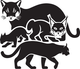 Naklejka premium A vector silhouette logo set on a white background. There are various predatory wild cats, including a cougar with a fierce expression, a lynx with tufted ears, a bobcat with sharp features