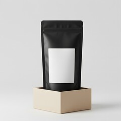 Black pouch with blank white label on tray