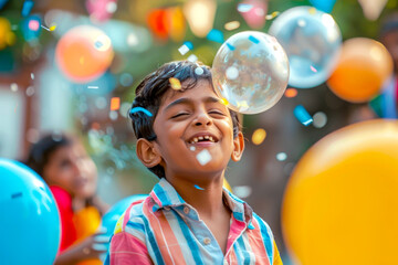 An Indian boy enjoying a fun-filled birthday party with friends, playing games, blowing balloons, and relishing delicious treats with contagious joy.