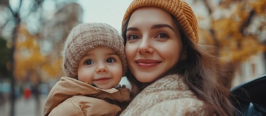 Obraz premium Mother and child in autumn park, happy smile, possible for family, social media or print