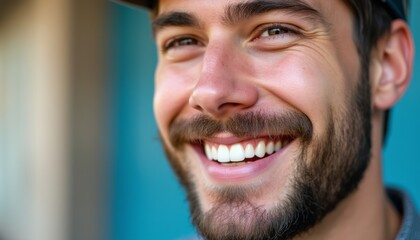 Fototapeta premium A joyful young man beams with a radiant smile, showcasing his well-groomed beard against a vibrant blue background. His infectious happiness and warm expression create an inviting atmosphere, perfect