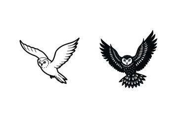 Two Owls In Flight Black And White Bird Vector Illustration