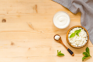 Protein food concept. Various dairy products - milk and cottage cheese with sour cream