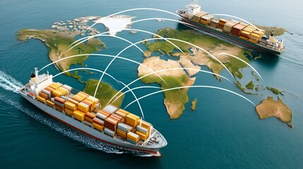 Global commerce concept with cargo freighters navigating between continents, shipping lanes clearly visible from high above