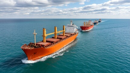 Fototapeta premium Seamless freight flow on global ocean shipping network with cargo ships maintaining regulated lane directions in realistic sea setting