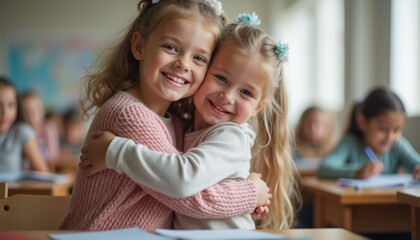 Fototapeta premium This heartwarming image captures two young girls, one with curly hair and the other with straight hair, sharing a warm hug in a bright classroom. Their smiles light up the scene, showcasing the