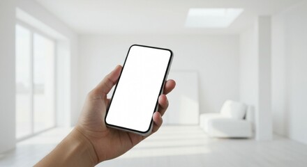 Hand holding phone mockup in bright white room for app or website design presentation template