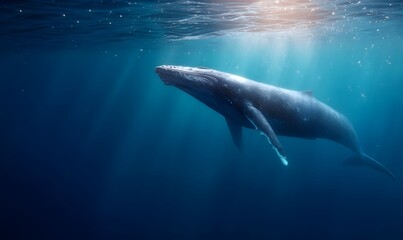 Obraz premium A huge blue whale swims close to the camera, Generative AI