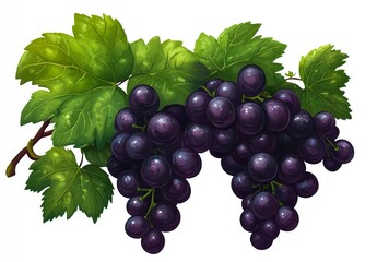 Fototapeta premium Black grapes, bunch of grapes with green leaves, isolated on white background. With clipping path. Full depth of field. Focus stacking. Stock photo with 2/3 space for text. Realistic photo, 