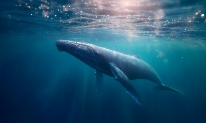 Obraz premium A huge blue whale swims close to the camera, Generative AI