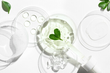 Petri dishes with green plants, pipette and cosmetic swatches