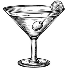 Martini Cocktail Glass with Olive and Lemon Slice for Beverage Menus, Bar Promotions, Cocktail Recipes, and Social Media Posts