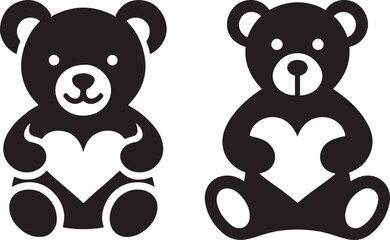 Teddy bears hugging heart bundle in adorable black Silhouette Vector Illustration style