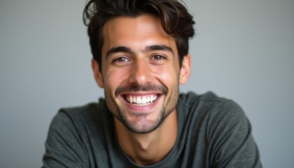 Obraz premium A handsome young man with dark hair and a charming smile radiates positivity against a soft gray background. His joyful expression captures the essence of happiness and warmth, inviting viewers to