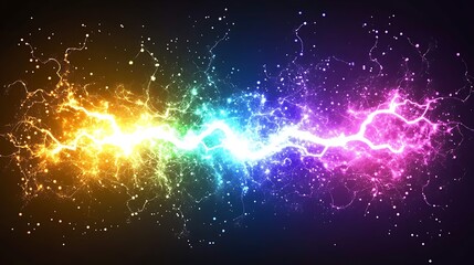Fototapeta premium Colorful lightning bolts create a vibrant energy display against a dark background, symbolizing power
