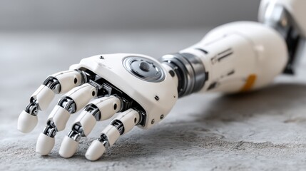 A detailed view of a sleek, futuristic artificial limb resting on a textured concrete surface, showcasing innovation and technology.