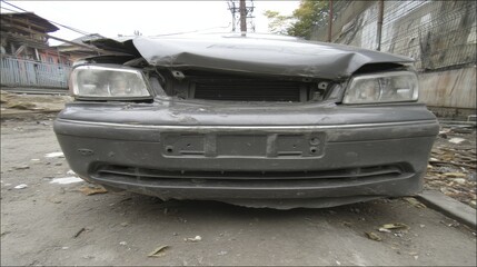 Crushed car front end after impact, extensive damage to bumper and hood - bumper wrecked automotive hood