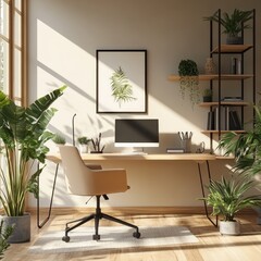 Fototapeta premium A sun-drenched home office with lush greenery and a neutral color palette.