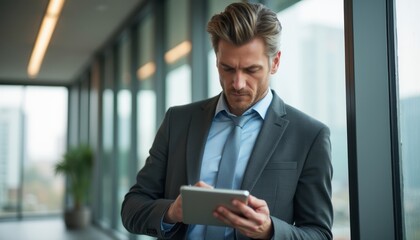 Fototapeta premium A focused businessman in a sleek suit engages with a tablet, surrounded by large windows that reveal a bustling cityscape. His intense expression and professional attire convey determination and